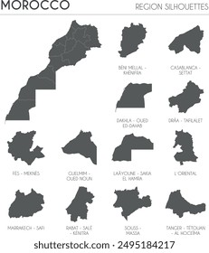 Morocco region silhouettes set and blank map of the country isolated on white background. Vector illustration design