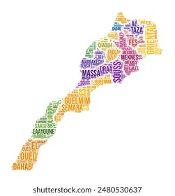 Morocco region word cloud. Country shape design. Morocco colored illustration. Region names collage cloud. Vector illustration.