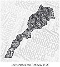 Morocco regions map word cloud. Morocco region names. Black and white map design. Trending vector illustration.