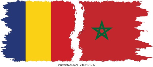 Morocco and Romania grunge flags connection, vector