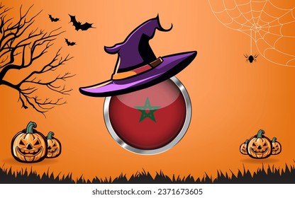 morocco round flag with Happy Halloween banner or party invitation background. bats, spiders and pumpkins, orange background