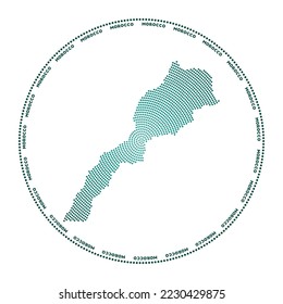 Morocco round logo. Digital style shape of Morocco in dotted circle with country name. Tech icon of the country with gradiented dots. Elegant vector illustration.