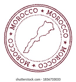 Morocco round rubber stamp with country map. Vintage red passport stamp with circular text and stars, vector illustration.