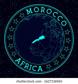 Morocco round sign. Futuristic satelite view of the world centered to Morocco. Country badge with map, round text and binary background. Charming vector illustration.
