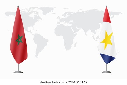 Morocco and Saba flags for official meeting against background of world map.