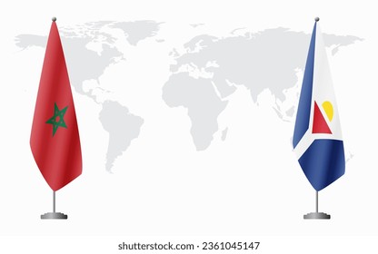 Morocco and Saint Martin flags for official meeting against background of world map.