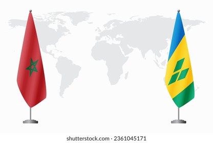 Morocco and Saint Vincent and the Grenadines flags for official meeting against background of world map.