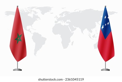 Morocco and Samoa flags for official meeting against background of world map.