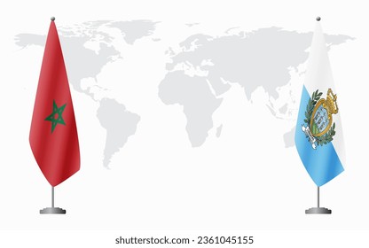 Morocco and San Marino flags for official meeting against background of world map.