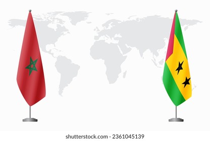Morocco and Sao Tome and Principe flags for official meeting against background of world map.