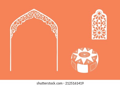 Morocco scene. A moroccan door, window and traditional handcraft. Terracotta background. Modern, minimalist style. Vector illustration.