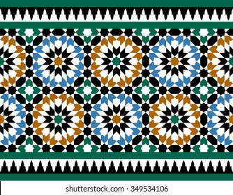 Morocco Seamless Border. Traditional Islamic Design. Mosque decoration element. Blue, green, ocher, black, white  colors