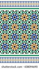 Morocco Seamless Border. Traditional Islamic Geometric Design. Ocher , blue, green, white. Mosque decoration element.