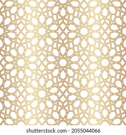 Morocco seamless pattern. Gold ottoman motif. Golden islamic background. Repeated arabic star patern. Repeating traditional girih printing. East texture for design prints. Turkish printed. Vector 