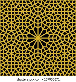 Morocco Seamless Pattern. Traditional Arabic Islamic Background. Mosque decoration element. Yellow on black background