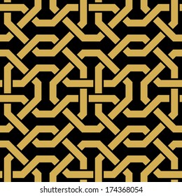 Morocco Seamless Pattern. Traditional Arabic Islamic Background. Mosque decoration element. Ocher on black background