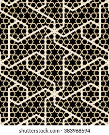 Morocco Seamless Pattern. Traditional Arabic Islamic Background. Mosque decoration element. Ocher, white on black background