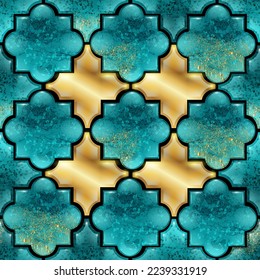 Patrón sin fisuras de Marruecos, textura islamica turca diseño tradicional, ornamento abstracto de Marrakech. Papel tapizado azul turquesa, mosaico continuo de piedra real. Patrón de Marruecos oriental
