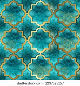 Morocco seamless pattern, turkey traditional islamic texture design, Marrakesh abstract ornament. Blue turquoise muslim tillable wallpaper, royal stone continuous mosaic. Oriental Morocco pattern