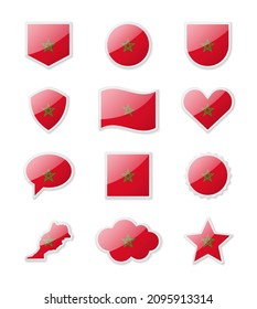 Marruecos - conjunto de banderas del país en forma de stickers de varias formas. Ilustración del vector