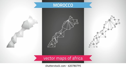 Marokko Reihe von grauen und silbernen Mosaikkarten 3D polygonal. Grafische Vektordreieck-Geometrie-Schattenpläne