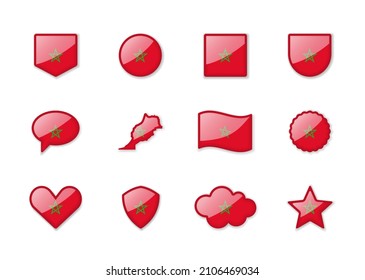Morocco - set of shiny flags of different shapes. Vector illustration