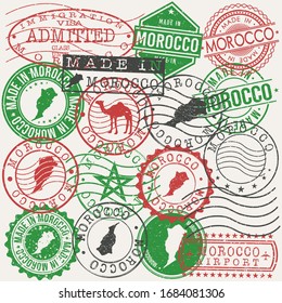 Morocco Set of Stamps. Travel Passport Stamps. Made In Product. Design Seals in Old Style Insignia. Icon Clip Art Vector Collection.