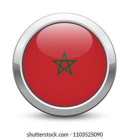 Morocco - shiny metallic button with national flag. Moroccan symbol isolated on white background. Vector EPS10
