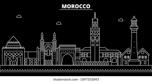 Morocco silhouette skyline, vector city, moroccan linear architecture, buildings. Morocco travel illustration, outline landmarkflat icon, moroccan line banner
