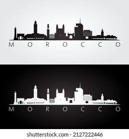 Morocco skyline and landmarks silhouette, black and white design, vector illustration.