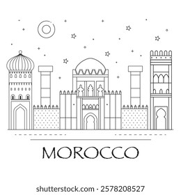 Morocco skyline travel scene in line art. Minimalist Moroccan city panorama illustration with popular architectural landmarks and attractions from Rabat, Fez and Marrakesh.