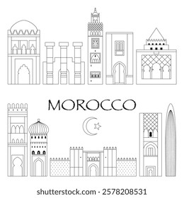 Morocco skyline travel scene in line art. Minimalist Moroccan city panorama illustration with popular architectural landmarks and attractions from Rabat, Fez and Marrakesh.