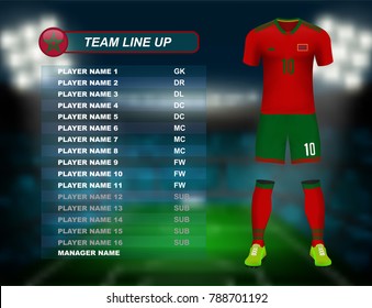 morocco soccer jersey kit with team line up board on soccer stadium and crowd fan with spot light backdrop on night time. Concept for African football result background in vector illustrative