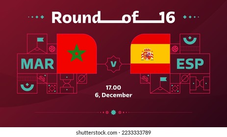 morocco spain playoff round of 16 match Football 2022. Qatar, cup 2022 World Football championship match versus teams intro sport background, championship competition poster, vector illustration.