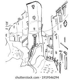 Calle marroquí, ilustración de vector dibujada a mano, boceto para el fondo y diseño