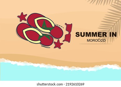 Morocco summer holiday vector banner, beach vacation concept, flip flops sunglasses starfish on sand, copy space area, Morocco summer travel and tourism idea with flag