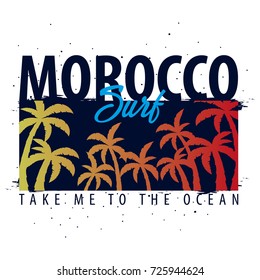 Morocco Surfing graphic with palms. T-shirt design and print