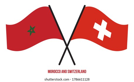 Morocco and Switzerland Flags Crossed And Waving Flat Style. Official Proportion. Correct Colors.