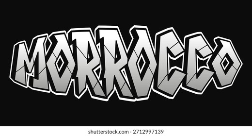 Texto de Marruecos dibujado en un estilo de graffiti de arte callejero audaz, con letras grises y blancas con un contorno negro distintivo sobre un fondo negro sólido, ideal para diseños de cultura urbana y temas de viajes