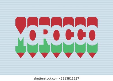 Texto de Marruecos con el símbolo Lápiz diseño de ideas creativas. Ilustración vectorial del concepto de color de la bandera de Marruecos. Ilustración de la tipografía de Marruecos en el espacio negativo palabra vector ilustración. Diseño vectorial de nombre de país de Marruecos.