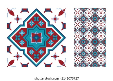 Morocco tiles background textures. Decorative colored ceramic tile. Colorful design. Set of seamless vector patterns. Red folk ethnic ornaments for print, web background, surface texture, towels…
