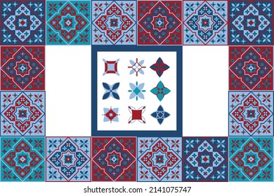 Morocco tiles background textures. Decorative colored ceramic tile. Colorful design. Set of seamless vector patterns. Red folk ethnic ornaments for print, web background, surface texture, towels…