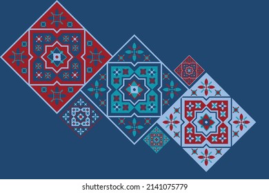Morocco tiles background textures. Decorative colored ceramic tile. Colorful design. Set of seamless vector patterns. Red folk ethnic ornaments for print, web background, surface texture, towels…