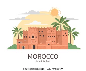 Morocco touristic travel flat composition with front view of ancient fortress with sky palms and text vector illustration