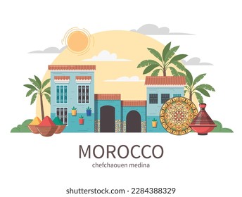 Morocco touristic travel flat composition with editable text and front view of chefchaouen medina ancient building vector illustration