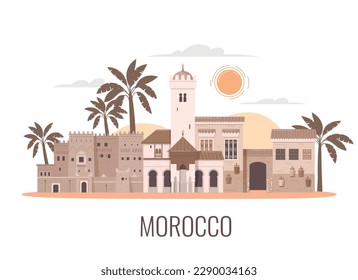 Morocco touristic travel flat composition with isolated view of traditional architecture buildings palms sky and text vector illustration