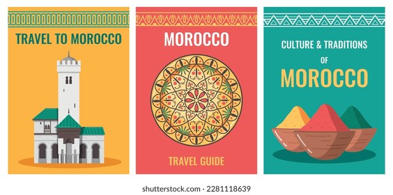 Morocco touristic travel flat set of three vertical posters with traditional ornaments editable text and images vector illustration