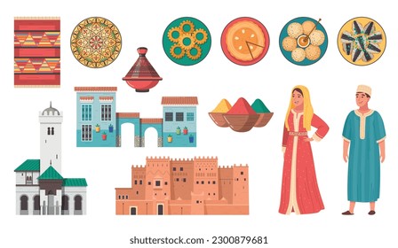 Morocco touristic travel set with flat icons of food ancient buildings traditional costumes on blank background vector illustration