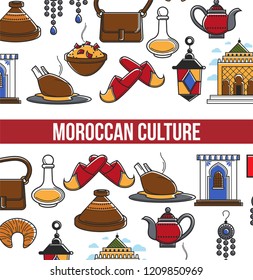 Morocco travel agency promo informative poster with cultural symbols