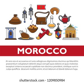 Morocco travel agency promo informative poster with cultural symbols